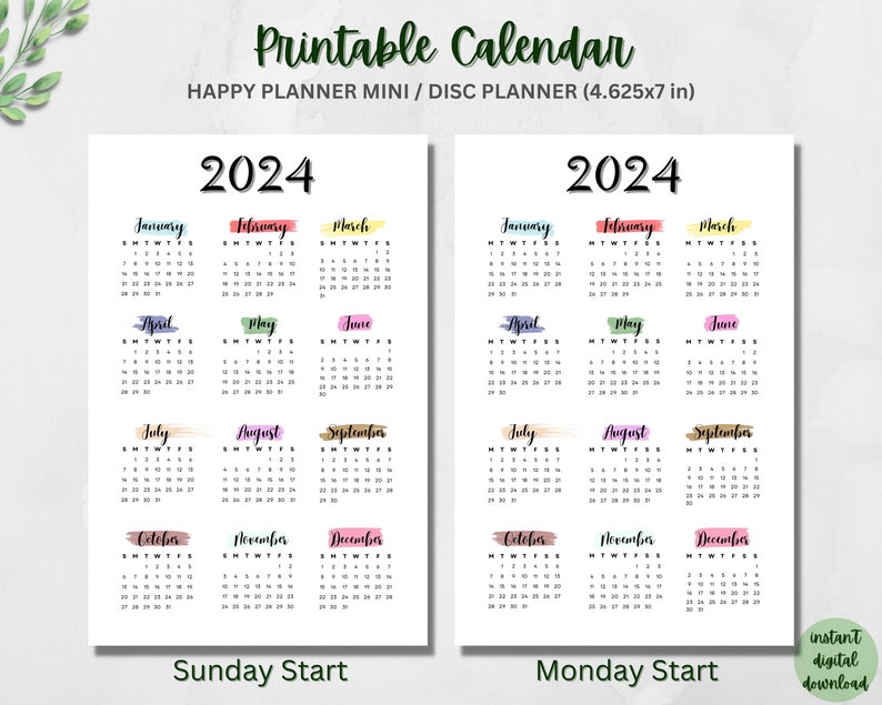 Printable Year at a Glance Calendar 2024 Mini Happy Planner Insert Disc