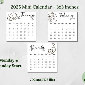 Calendário Mini 2025 para impressão Calendário de gato 3x3 polegadas Design vetorial de gato Calendário de bolso Calendário de mesa Cartões para impressão Segunda e domingo começam