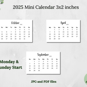 Calendario mini imprimible 2025 Calendario minimalista 3x2 Calendario de bolsillo Planificador Calendario Tarjetas Calendario de escritorio Descarga digital Domingo y lunes Inicio