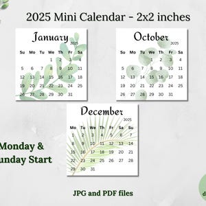Mini calendário 2025 para impressão | 2x2 polegadas | Calendário com design de folhas | Início de segunda e domingo | Calendário de bolso | Calendário de mesa | Cartão de calendário