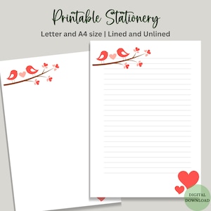 Papel de carta imprimible para San Valentín Pájaros de San Valentín Papelería imprimible Pájaros Amor Rayado y sin raya Tamaños A4 y carta de EE. UU. / Descarga digital