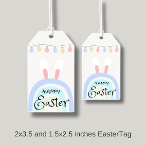 Peut inclure: Deux étiquettes cadeaux de Pâques avec un arc-en-ciel, des oreilles de lapin et le texte "Joyeuses Pâques". La plus grande étiquette mesure 2x3,5 pouces et la plus petite 1,5x2,5 pouces.