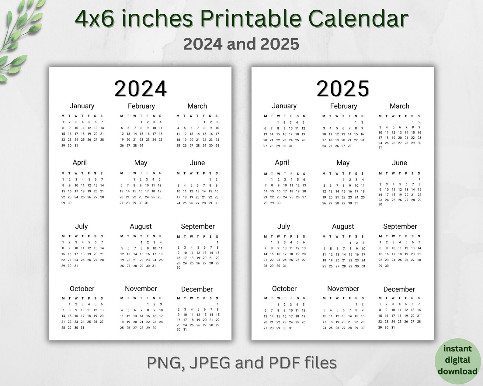 Printable 2024 and 2025 Minimalist Calendar 4x6 Inches Calendar Desk