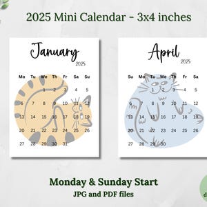 Calendário de gato para impressão 2025 3x4 Mini calendário Calendário de mesa Planejador Calendário Cartões Calendário digital pequeno para impressão Segunda e domingo início