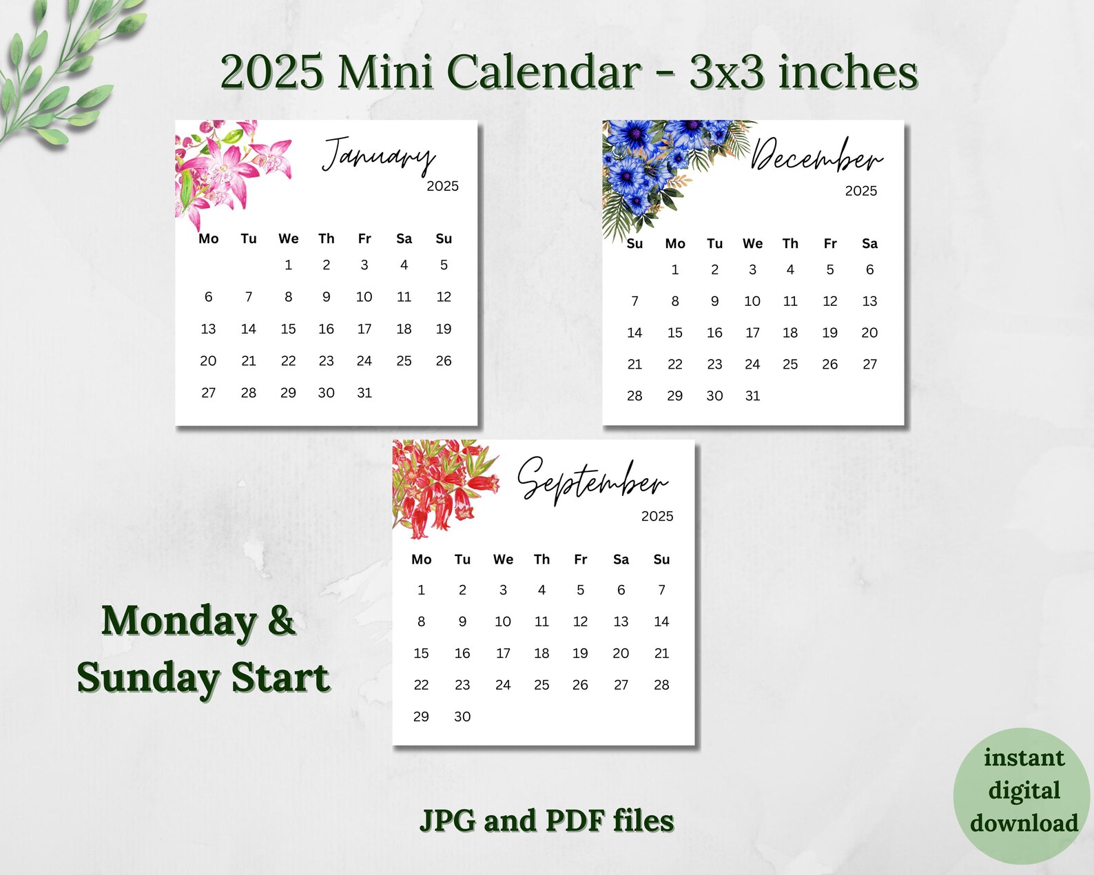 Printable 2025 Mini Calendar 3x3 Inches Floral Calendar Pocket Calendar