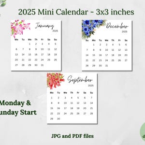 Calendario mini imprimible 2025 Calendario floral de 3 x 3 pulgadas Calendario de bolsillo Calendario de escritorio Tarjetas de calendario imprimibles Calendario digital Lunes y domingos