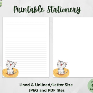 Briefpapier zum Ausdrucken Kawaii Katze Briefpapier Süße Katze Kawaii Kitten | Liniert & Ungefüttert | Letter Größe 8,5x11 Zoll