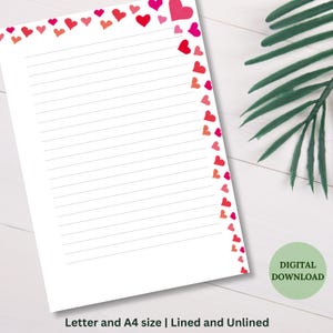 Papel de carta imprimible para el día de San Valentín con temática de corazones de acuarela, letras Love / Rayado y sin raya, tamaño A4 y carta de EE. UU., descarga digital