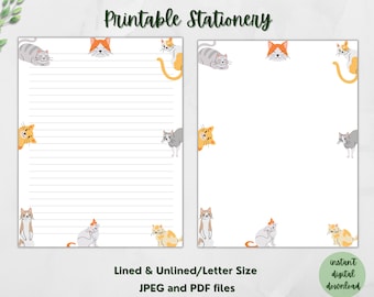 Printable Cat Stationery Kitty Designs Printable Cat Border Writing Paper Printable Stationery-11 |Lined & Unlined|Letter size 8.5x11 inches