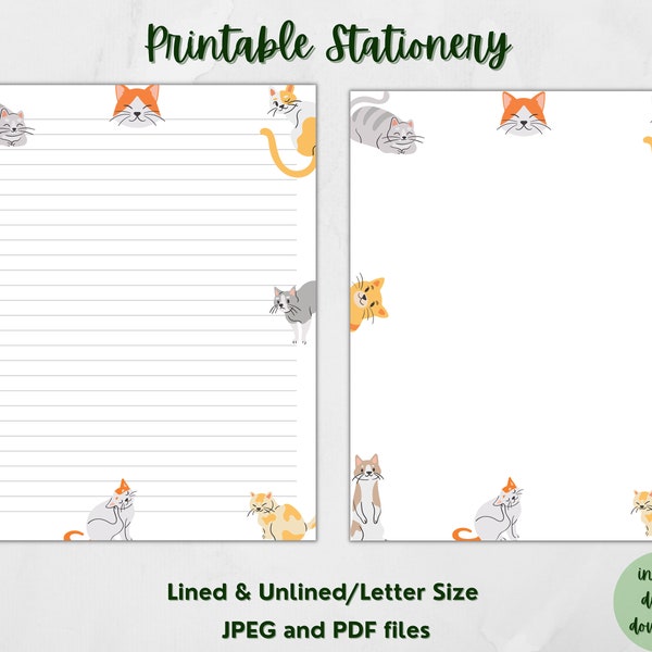 Printable Cat Stationery Kitty Designs Printable Cat Border Writing Paper Printable Stationery-11 |Lined & Unlined|Letter size 8.5x11 inches