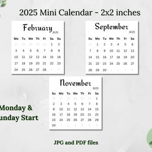 Afdrukbare minikalender 2025 2 x 2 inch Minimalistisch ontwerp Pocketkalender Kaarten Bureaukalender Digitale download