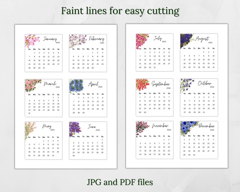 Printable 2024 Mini Calendar 3x3 Inches Floral Calendar Pocket Calendar