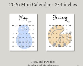 Printable Cat Calendar 2026 3x4 Mini Calendar  Desk Calendar Planner Calendar Cards Printable Digital Small Calendar Monday & Sunday start