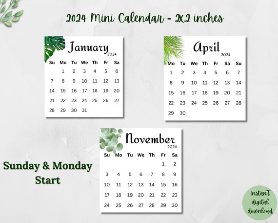 Printable 2024 Mini Calendar 2x2 Inches Pocket Calendar Desk Calendar  Planner Cards Leaf Design Calendar Mon & Sun Digital Calendar - Etsy