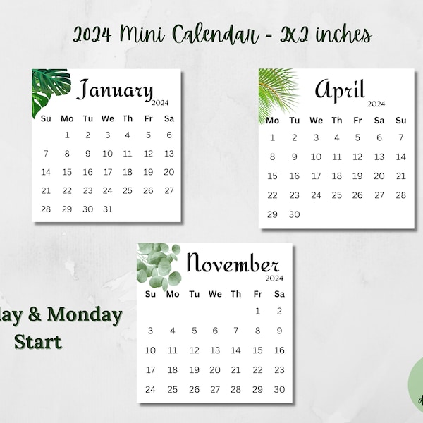 Printable 2024 Mini Calendar | 2x2 inches Pocket Calendar | Desk Calendar Planner Cards Leaf Design Calendar Mon & Sun Digital Calendar