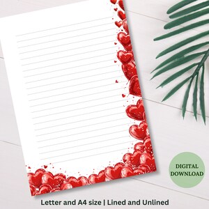 Druckbares Briefpapier zum Valentinstag, Briefpapier, liniert und unliniert, zum Ausdrucken, A4 und US Letter Größe Digitaler Download