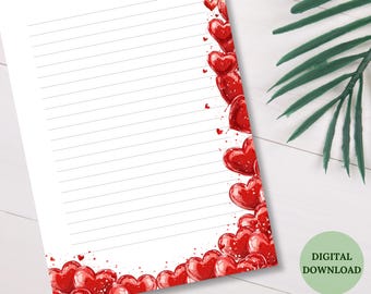 Printable Valentine's Day Writing Paper Heart-Themed Letter Printable Stationery Love Lined & Unlined A4 and US Letter Size Digital Download