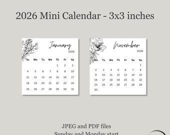 Printable 2026 Mini Calendar 3x2 Minimalist Calendar Pocket