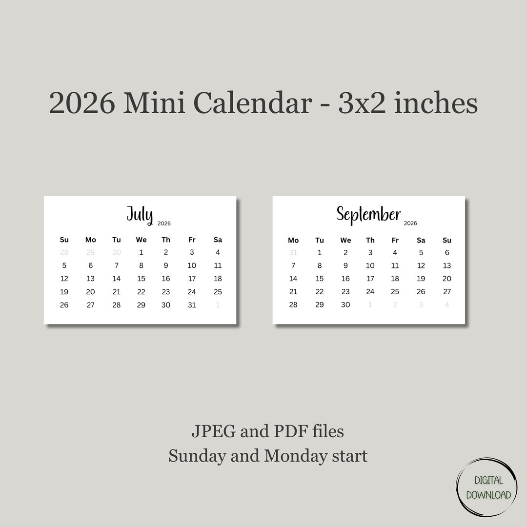 Printable 2026 Mini Calendar 3x2 Minimalist Calendar Pocket