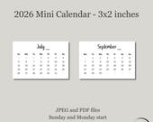Printable 2026 Mini Calendar 3x2 Minimalist Calendar Pocket Calendar Planner Calendar Cards Desk Calendar Digital download Sun & Mon start