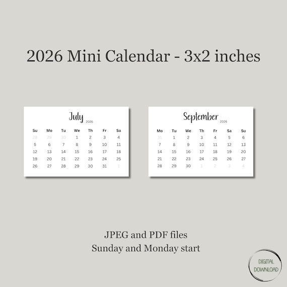 Printable 2026 Mini Calendar 3x2 Minimalist Calendar Pocket
