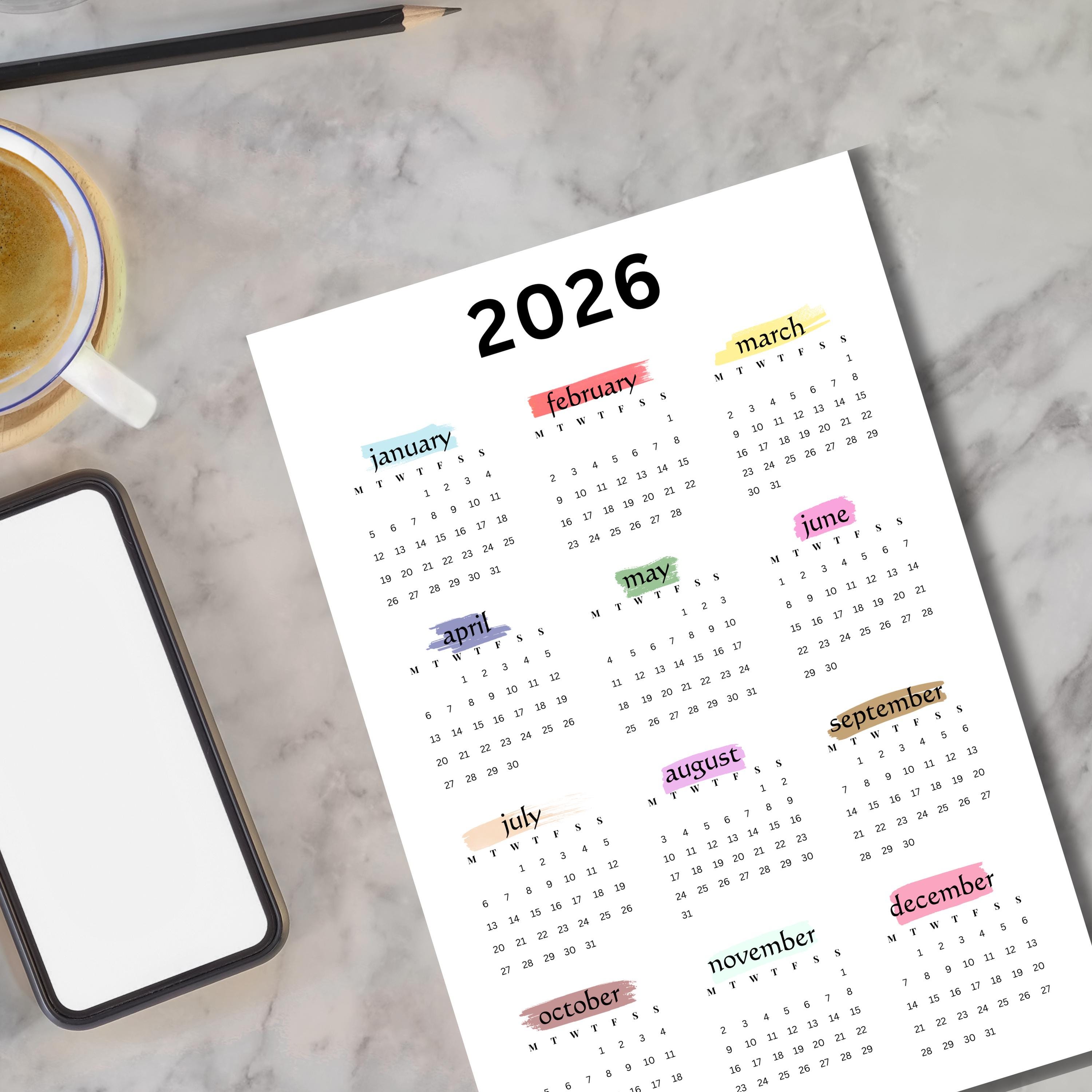 Disc Calender Printable Year at a Glance Calendar 2026 Mini Happy Planner Disc ...