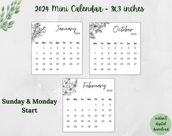 Imprimable 2024 Mini Calendrier 3x3 pouces Floral Vector design Lundi & Dimanche début Pocket Calendar Desk Calendar Cards Printable Digital