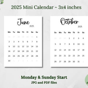 Calendário Mini 2025 para impressão 3x4 Calendário Minimalista Planejador Calendário Cartões Calendário de Mesa Calendário Digital Preto e Branco Domingo Segunda-feira