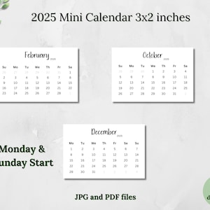 Afdrukbare minikalender 2025 3 x 2 minimalistische kalender zakkalender planner kalenderkaarten bureaukalender digitale download zo & ma start