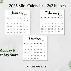 Afdrukbare minikalender 2025 2 x 2 inch Minimalistisch ontwerp Pocketkalender Kaarten Bureaukalender Digitale download