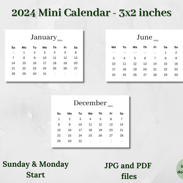 Printable 2024 Mini Calendar 3x2 Minimalist Calendar Pocket Calendar Planner Calendar Cards Desk Calendar Digital download Sun & Mon start