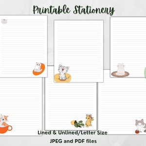 Afdrukbaar briefpapier kat Bundel van 6 briefpapier schattige kittens|Gevoerd en ongevoerd|Lettergrootte: 8,5 x 11 inch