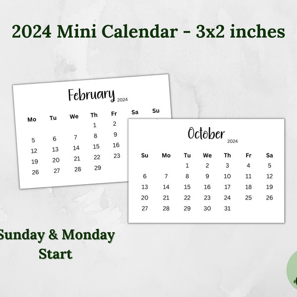 Printable 2024 Mini Calendar 3x2 Minimalist Calendar Pocket Calendar Planner Calendar Cards Desk Calendar Digital download Sun & Mon start