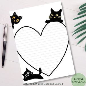 Printable Funny Black Cat Writing Paper Valentine Cute Cat Printable Stationery Lined & Unlined A4 and US Letter Sizes | Digital Download