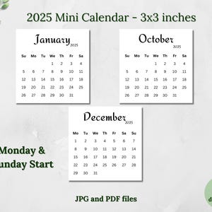 Printable 2025 Mini Calendar 3x3 inches Minimalist Calendar Pocket Calendar Desk Calendar Printable Planner Calendar Cards Digital Calendar