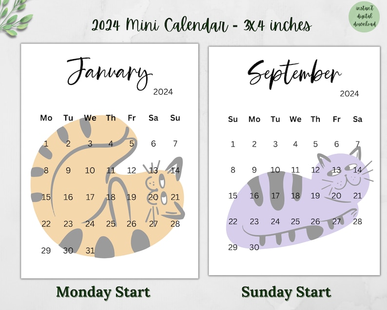Printable Cat Calendar 2024 3x4 Mini Calendar Desk Calendar Planner Calendar Cards Printable