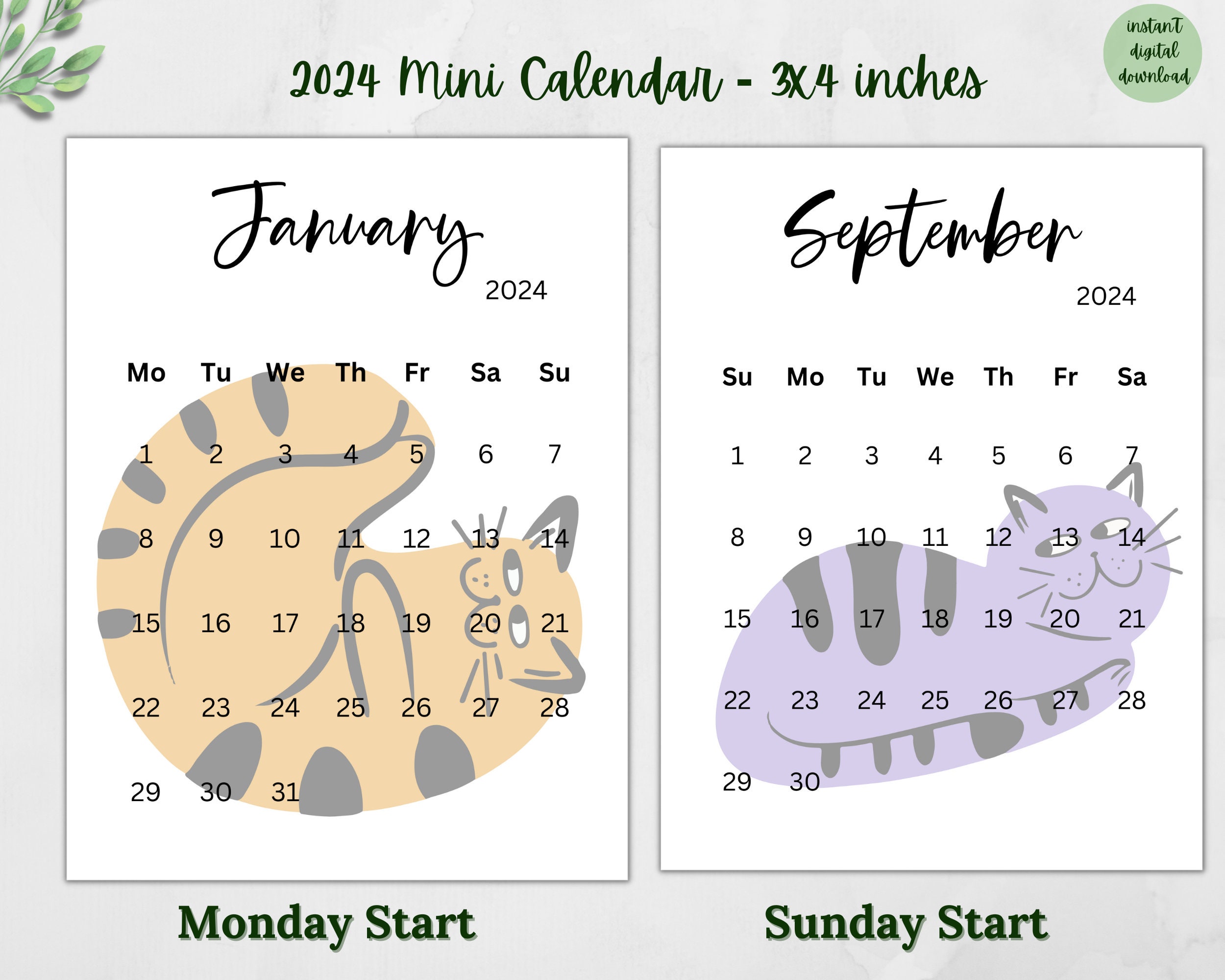 printable-cat-calendar-2024-3x4-mini-calendar-desk-calendar-planner-calendar-cards-printable-digital-small-calendar-monday-sunday-start-etsy