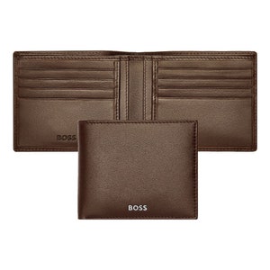 May include: A brown leather wallet with multiple card slots and a billfold. The wallet has the word "BOSS" embossed on the front.