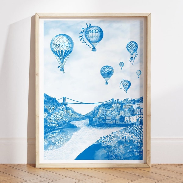 Blue Bristol Clifton Suspension Bridge Balloon Fiesta Bristol Wall Art Gift Bristol Suspension Bridge Blue Art for Holiday Rental