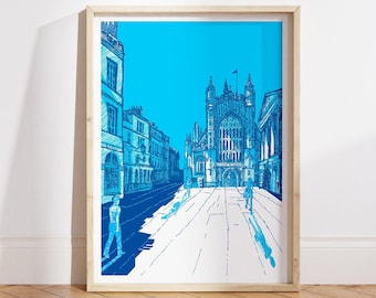 Bath Abbey Cathedral Courtyard Wall Art for Home Decor Blue Art Print for Bath Holiday Rental Wall Art Entry Hall Art Print for Entry Hall