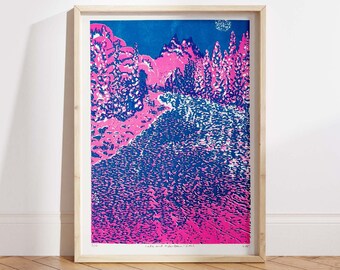 Limited Edition A4 Risograph Art Print, Signed, Lake and Mountain, Modern Illustration, Poster, Landscape, Nature, Scene, Tree, Countryside