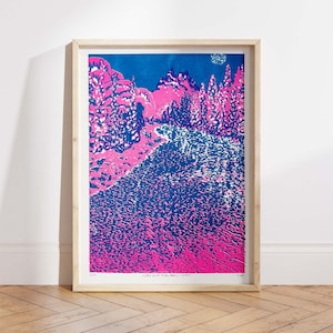 Limited Edition A4 Risograph Art Print, Signed, Lake and Mountain, Modern Illustration, Poster, Landscape, Nature, Scene, Tree, Countryside image 1