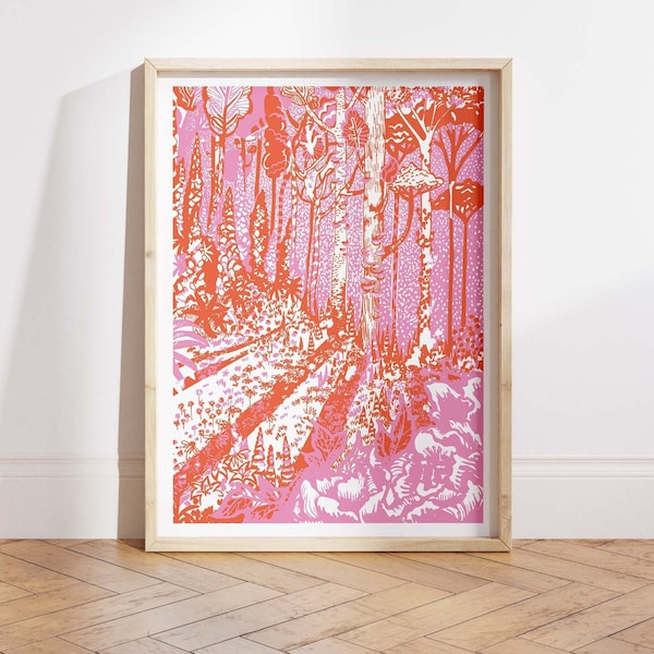 Orange and Pink Wall Art for Home Decor Modern Wall Art for Entry Hall Forest Pink Art Print  Gift for Her