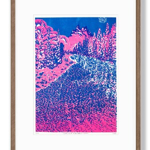 Limited Edition A4 Risograph Art Print, Signed, Lake and Mountain, Modern Illustration, Poster, Landscape, Nature, Scene, Tree, Countryside image 6