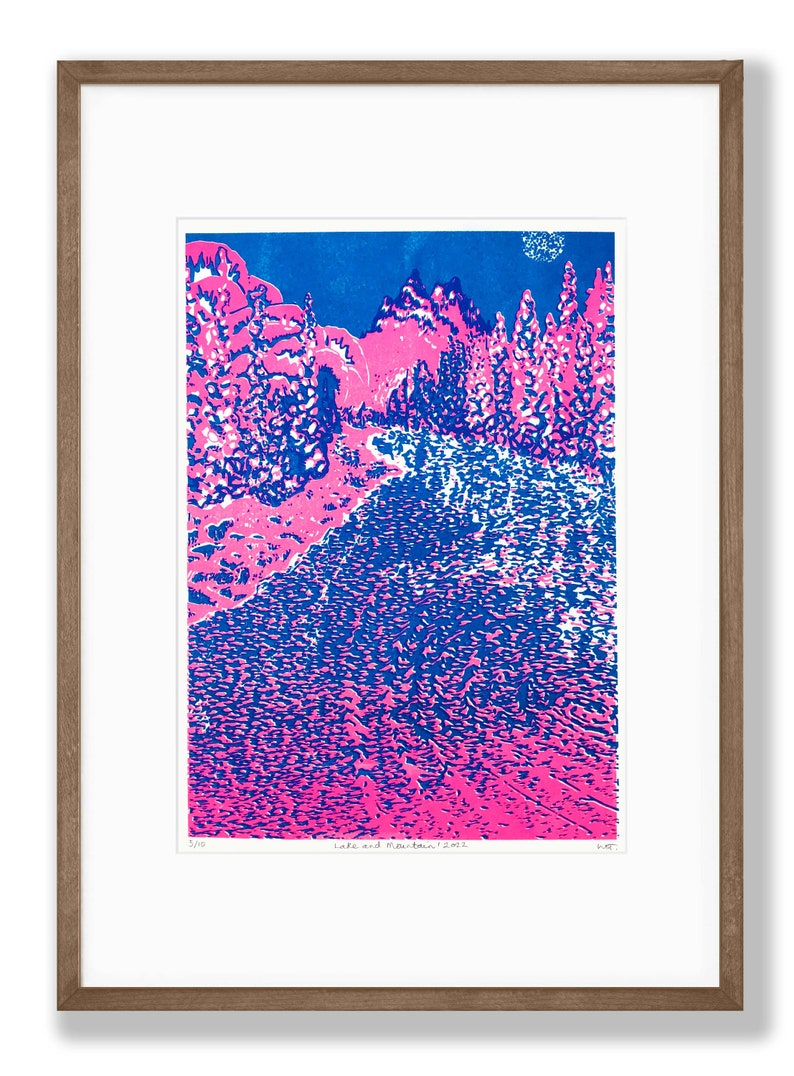 Limited Edition A4 Risograph Art Print, Signed, Lake and Mountain, Modern Illustration, Poster, Landscape, Nature, Scene, Tree, Countryside image 6