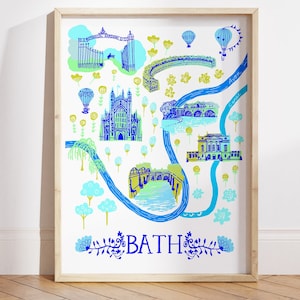 Arte moderno de la pared del mapa de la ciudad de Bath para la decoración del hogar Impresión de arte brillante para el baño Alquiler de vacaciones Arte de la pared Ilustración de la sala de entrada del baño