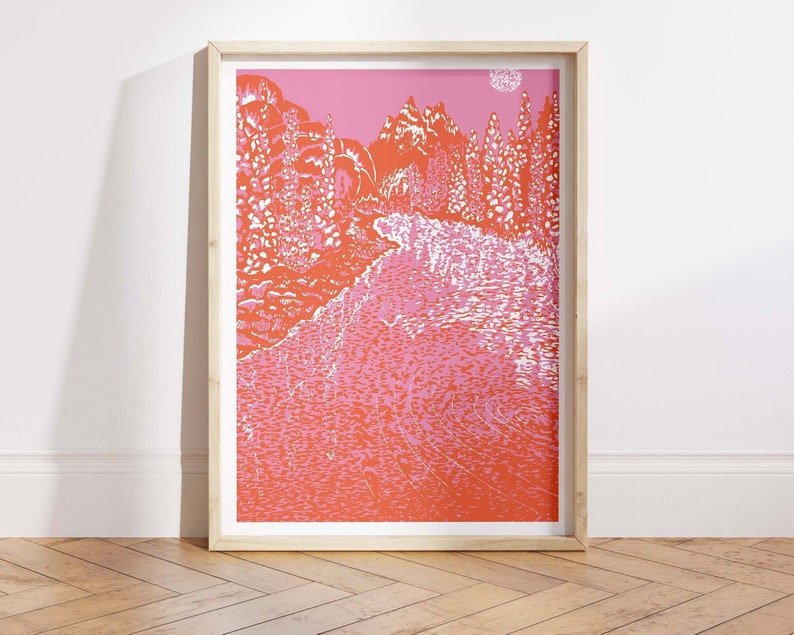 Pink and Orange Wall Art for Home Decor Modern Wall Art for Living Room Pink Art Print Gift for Her Lake and Mountain Art Print image 1