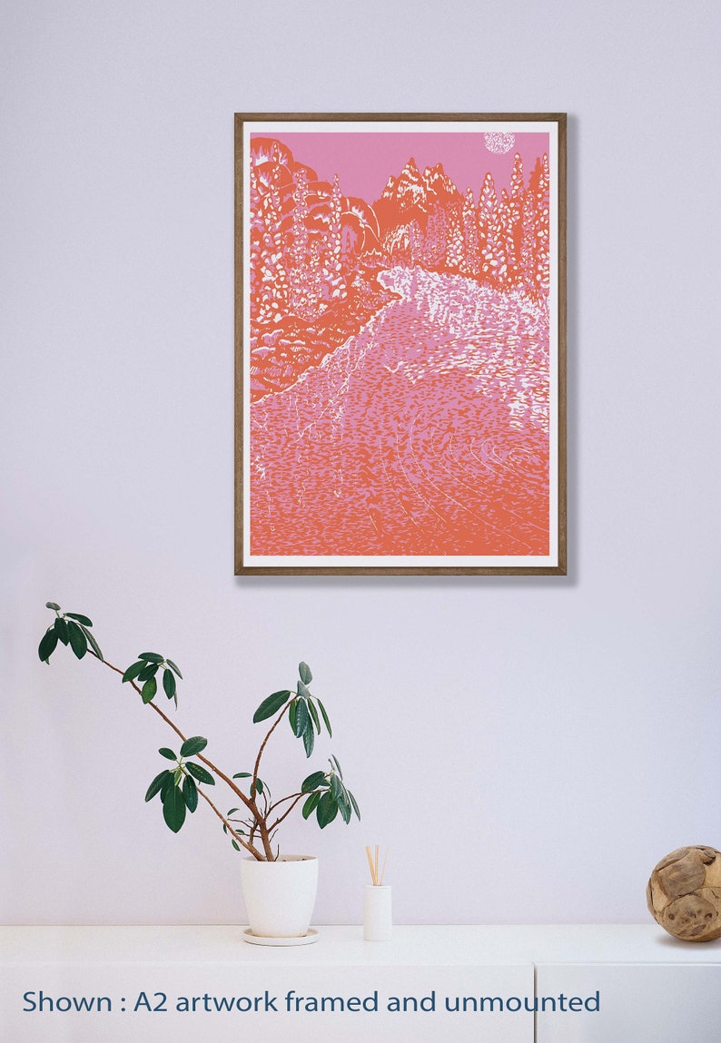 Pink and Orange Wall Art for Home Decor Modern Wall Art for Living Room Pink Art Print Gift for Her Lake and Mountain Art Print image 5