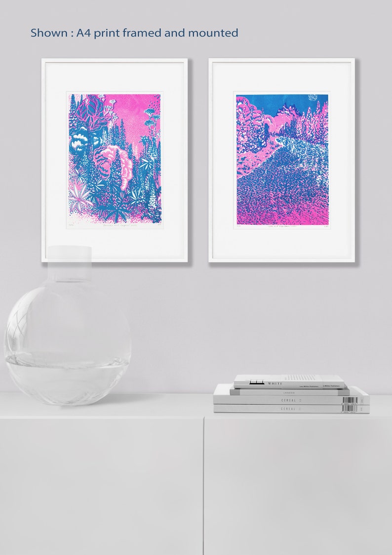 Limited Edition A4 Risograph Art Print, Signed, Lake and Mountain, Modern Illustration, Poster, Landscape, Nature, Scene, Tree, Countryside image 7