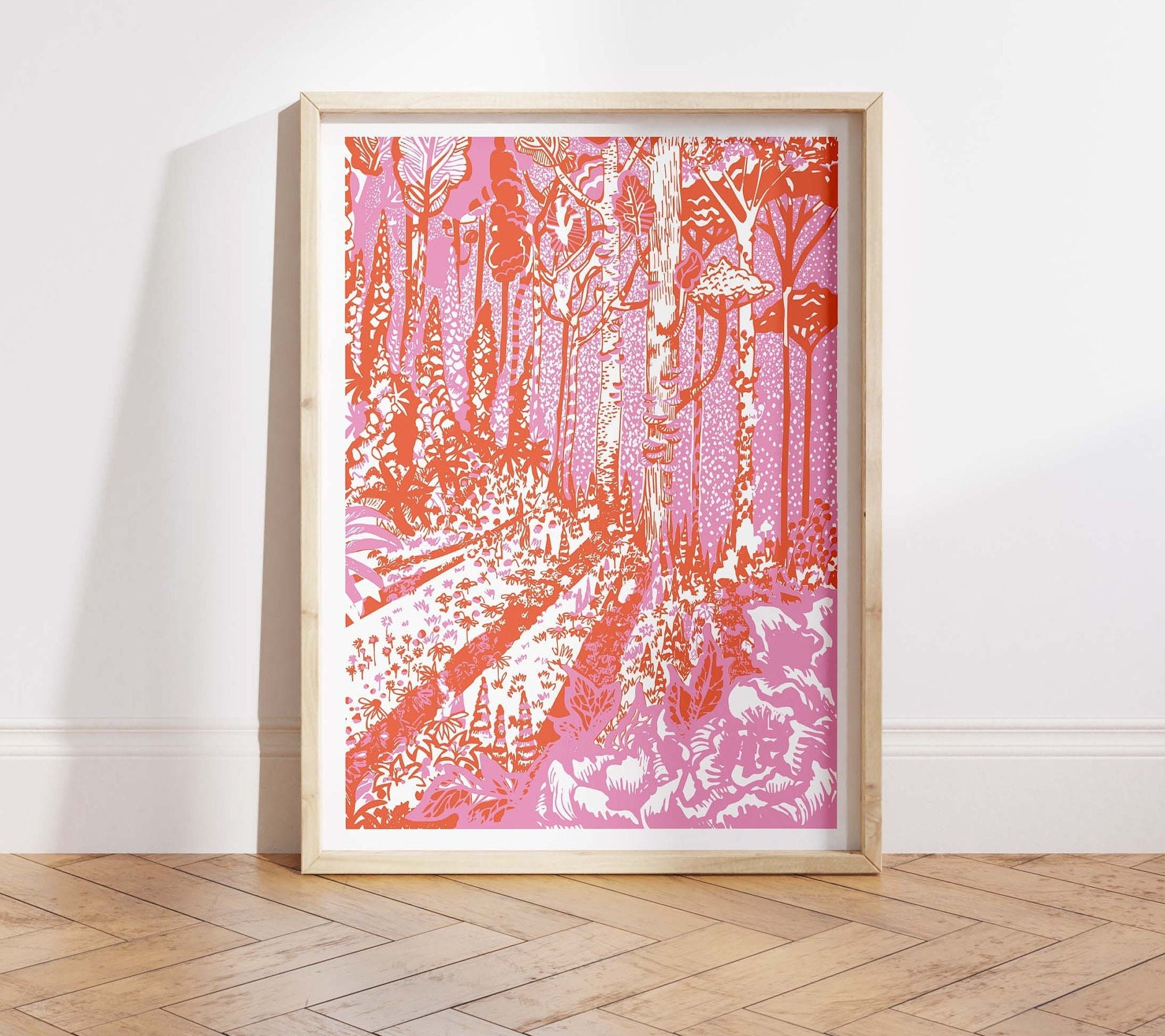 Orange and Pink Wall Art for Home Decor Modern Wall Art for Entry Hall Forest Pink Art Print  Gift for Her